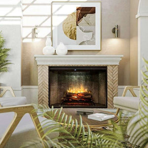 Dimplex Revillusion 42-inch electric fireplace with Weathered Concrete interior panel installed in a living room