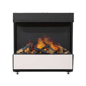 Dimplex Optimyst Aura 28-inch firebox showing the three-sided glass and log bed