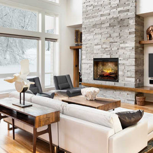 Dimplex Revillusion 30-inch electric fireplace with Herringbone Brick interior panel built into a custom living room wall
