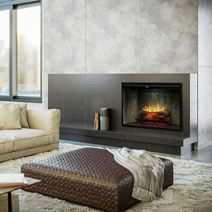 Dimplex Revillusion 42-inch electric fireplace with Weathered Concrete interior panel built into a custom living room wall