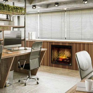 Dimplex Revillusion Portrait 36-inch electric fireplace with Herringbone Brick interior panel installed in an office