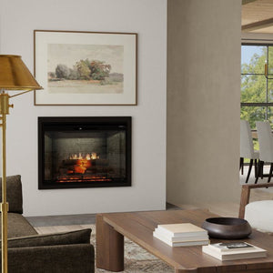 Dimplex Revillusion Portrait 36-inch electric fireplace with Neutral Brick interior panel in a living room, second view