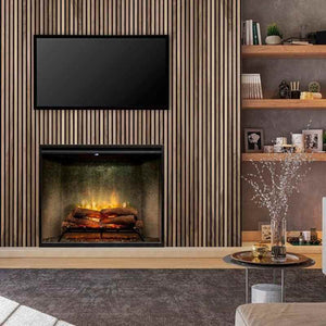 Dimplex Revillusion Portrait 36-inch electric fireplace with Neutral Brick interior panel built into a custom living room wall