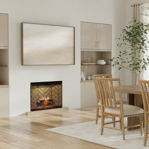 Dimplex Revillusion 36-inch electric fireplace with herringbone brick interior installed near a dining area