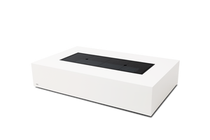 EcoSmart Fire Wharf 65 in Bone with glass cover plate fitted, converting the burner into table surface