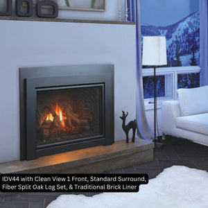 IDV44 with Clean View 1 Front Standard Surround Fiber Split Oak Log Set and Traditional Brick Liner