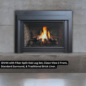 IDV44 with Fiber Split Oak Log Set Clean View 2 with Door Frame Standard Surround Traditional Brick Liner