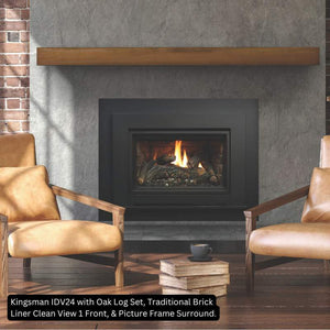 Kingsman IDV24 with Oak Log Set Traditional Brick Liner Clean View 1 Front and Picture Frame Surround