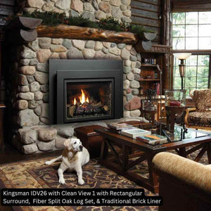 Kingsman IDV26 with Clean View 1 Front Rectangular Surround Fiber Split Oak Log Set Traditional Brick Liner