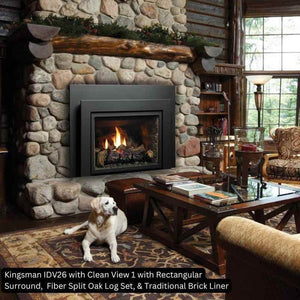 Kingsman IDV26 with Clean View 1 Front Rectangular Surround Fiber Split Oak Log Set Traditional Brick Liner