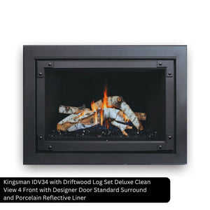 Kingsman IDV34 with Driftwood Log Set Deluxe Clean View 4 Front with Designer Door Standard Surround and Porcelain Reflective Liner