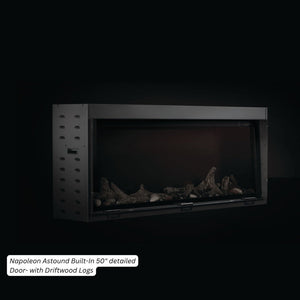 Napoleon Astound built-in electric fireplace with the front glass raised, showing Beach Fire log media