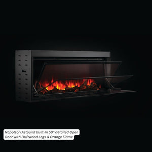 Napoleon Astound built-in electric fireplace with the flip-down glass open, Beach Fire logs and orange flame