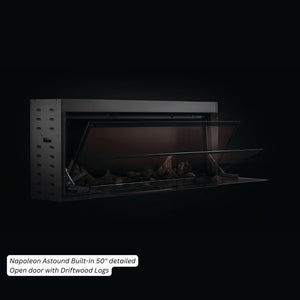 Napoleon Astound built-in electric fireplace with the flip-down glass door open for media access