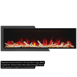 Cross-section of the Napoleon Astound 74-inch electric fireplace 4-sided trim with birch logs, black crystal media and orange flame