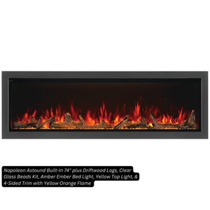 Napoleon Astound 74-inch built-in electric fireplace with Beach Fire logs, clear glass beads, amber ember bed and yellow-orange flame, 4-sided trim