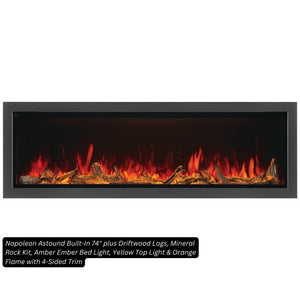 Napoleon Astound 74-inch built-in electric fireplace with Beach Fire logs, mineral rock media, amber ember bed, yellow top light and orange flame