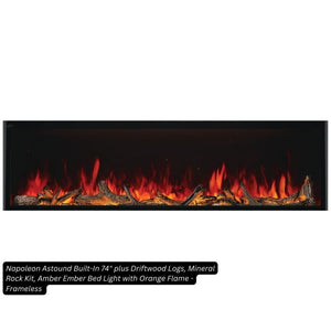Napoleon Astound 74-inch built-in electric fireplace with Beach Fire logs, mineral rock media, amber ember bed and orange flame, frameless finish