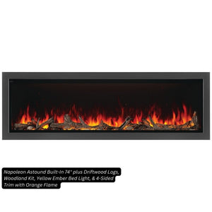 Napoleon Astound 74-inch built-in electric fireplace with Beach Fire logs, Woodland media, yellow ember bed light and orange flame, 4-sided trim