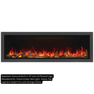 Napoleon Astound 74-inch built-in electric fireplace with Beach Fire logs, Woodland media, yellow ember bed and top lights, orange flame, 4-sided trim