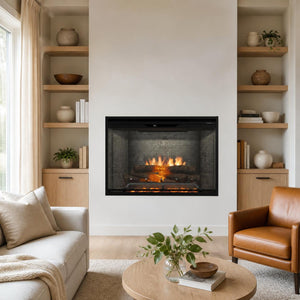 Dimplex Revillusion 36-inch built-in electric fireplace with neutral brick interior in a bright family room with white oak built-ins