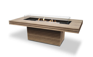 EcoSmart Fire Gin 90 Dining fire table in teak with stainless steel ethanol burner and glass fire screen