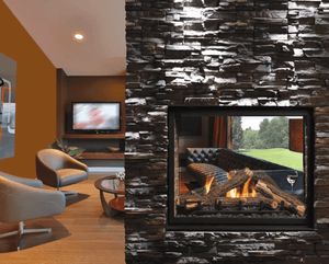 Kingsman MCVST42 See-Through Gas Fireplace installed in living room with stone surround and oak log set