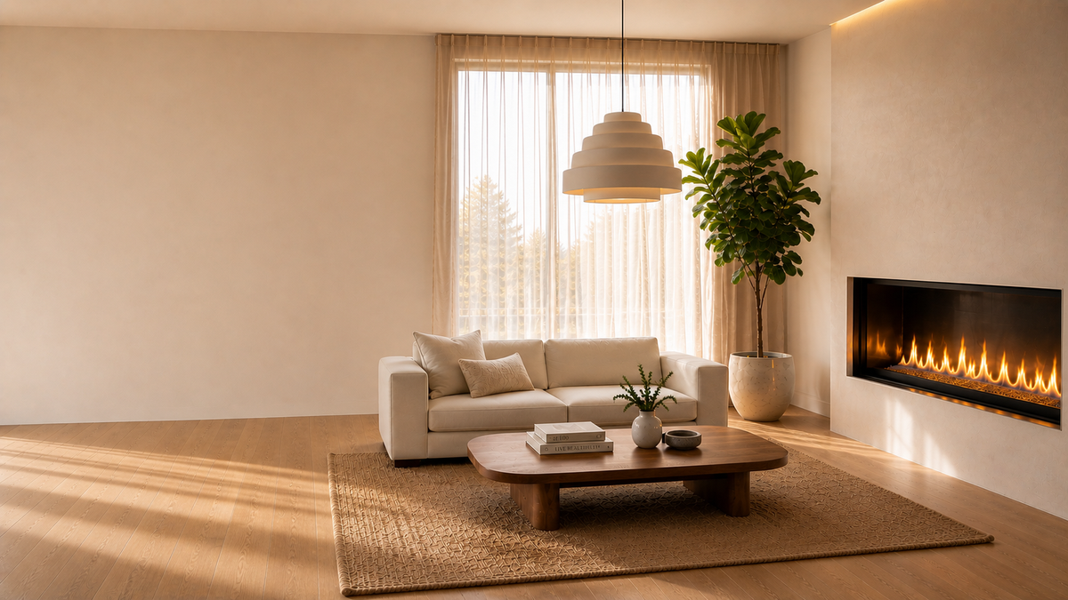 Modern linear gas fireplace in a contemporary living room — Lumiflares