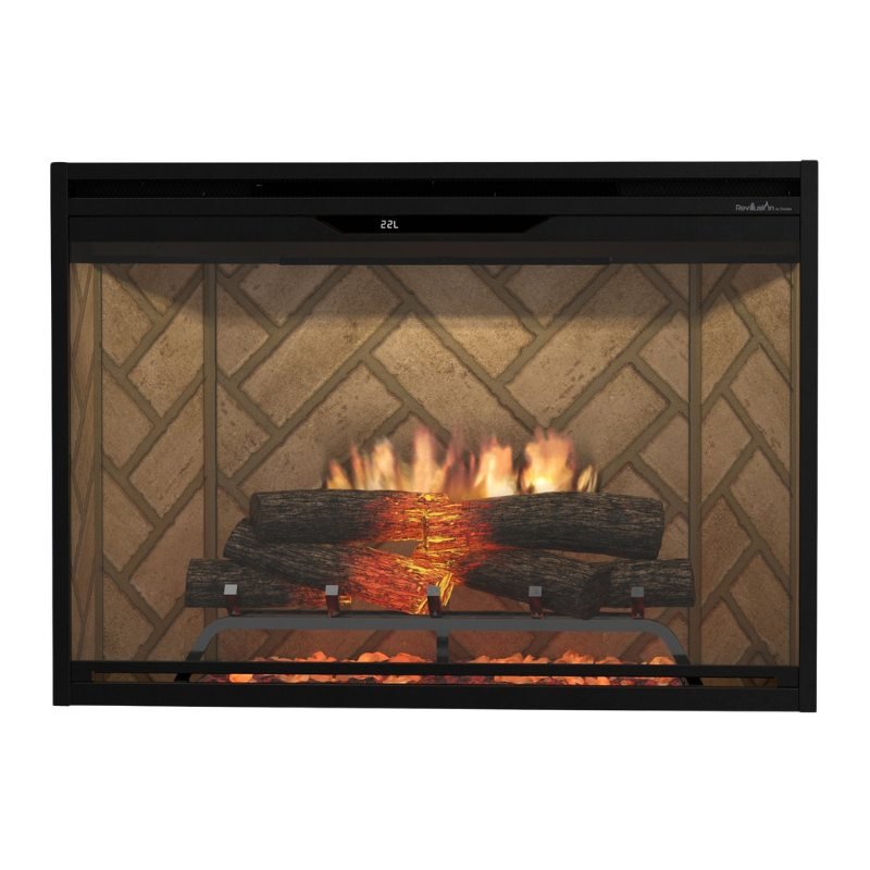 Dimplex Revillusion 36-inch built-in electric fireplace with log set and herringbone brick interior panel