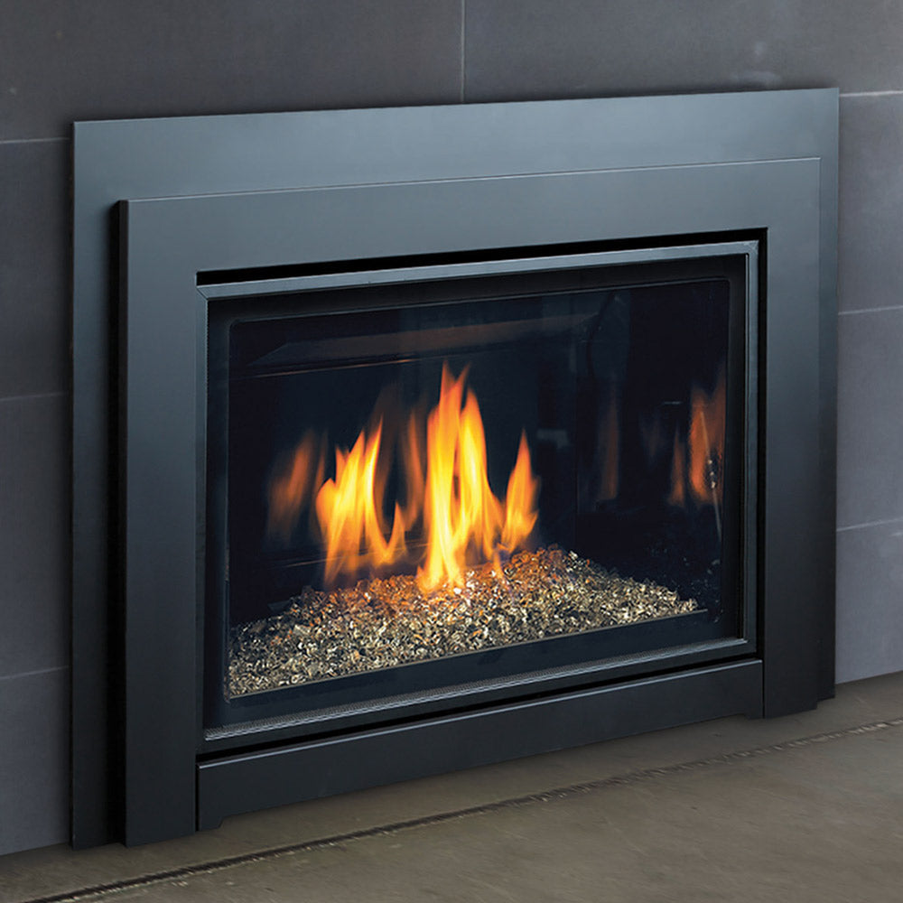 Kingsman IDV34 direct vent gas fireplace insert installed in an existing masonry fireplace with bronze glass media and clean view front