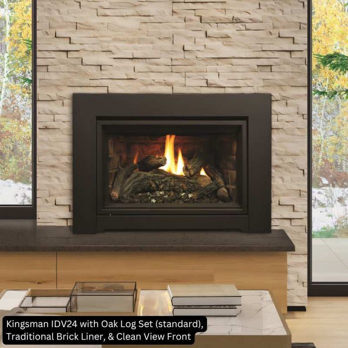 Kingsman IDV24 direct vent gas fireplace insert with oak log set, traditional brick liner and clean view front