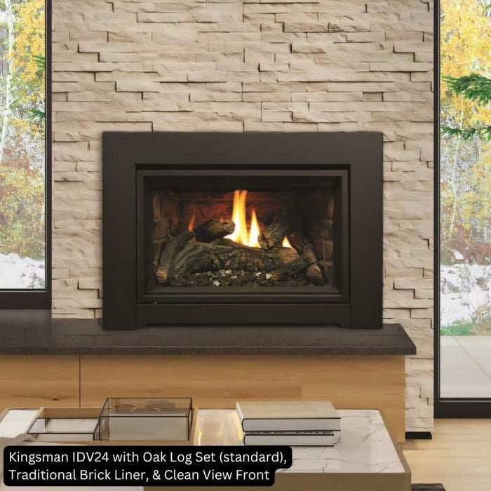 Kingsman IDV24 direct vent gas fireplace insert with oak log set, traditional brick liner and clean view front