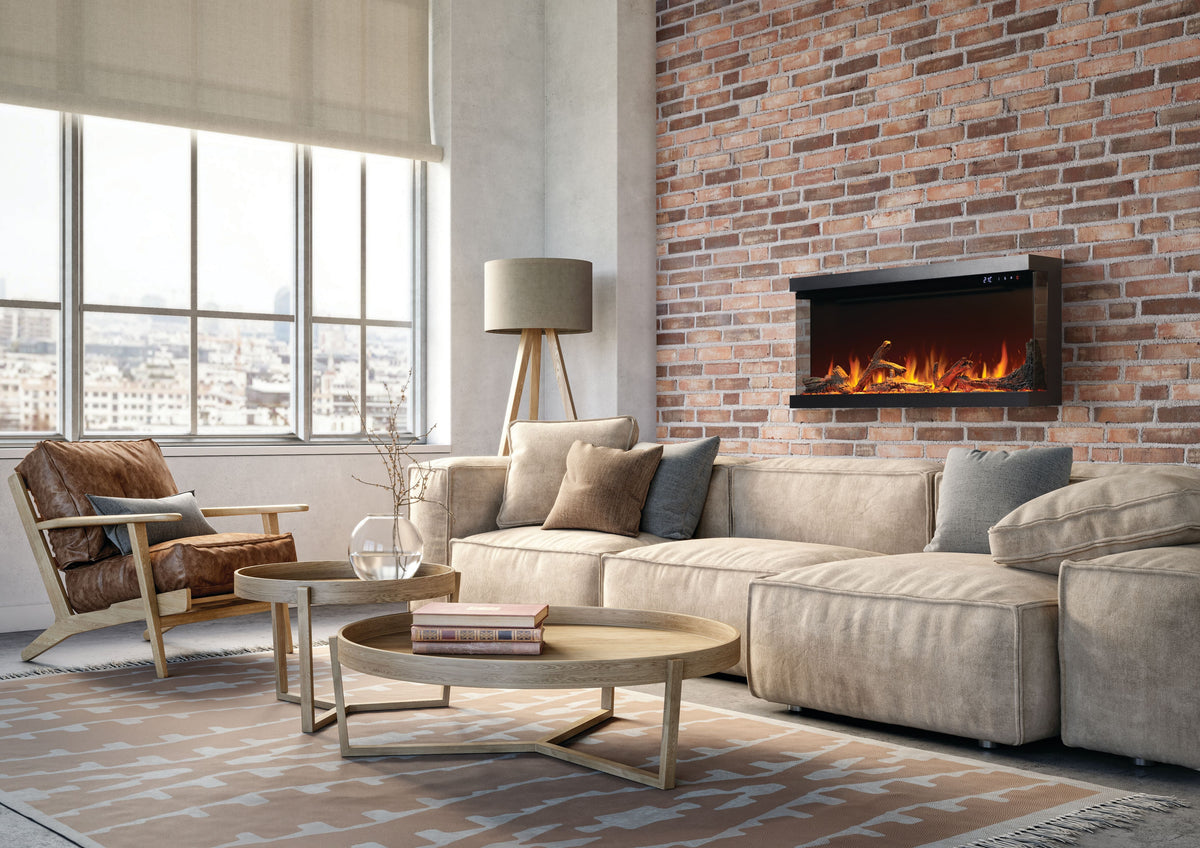 Napoleon Astound FlexMount 50 linear electric fireplace mounted on a living room wall