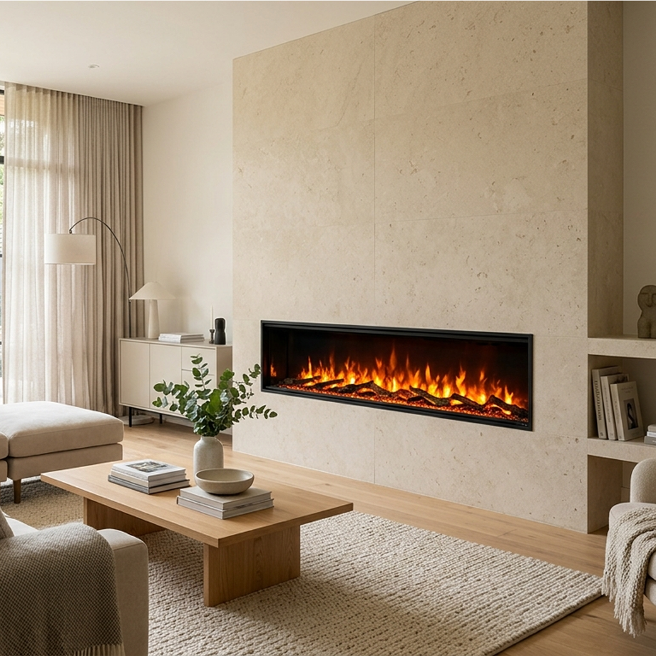 Linear electric fireplace as the focal point of a contemporary living room
