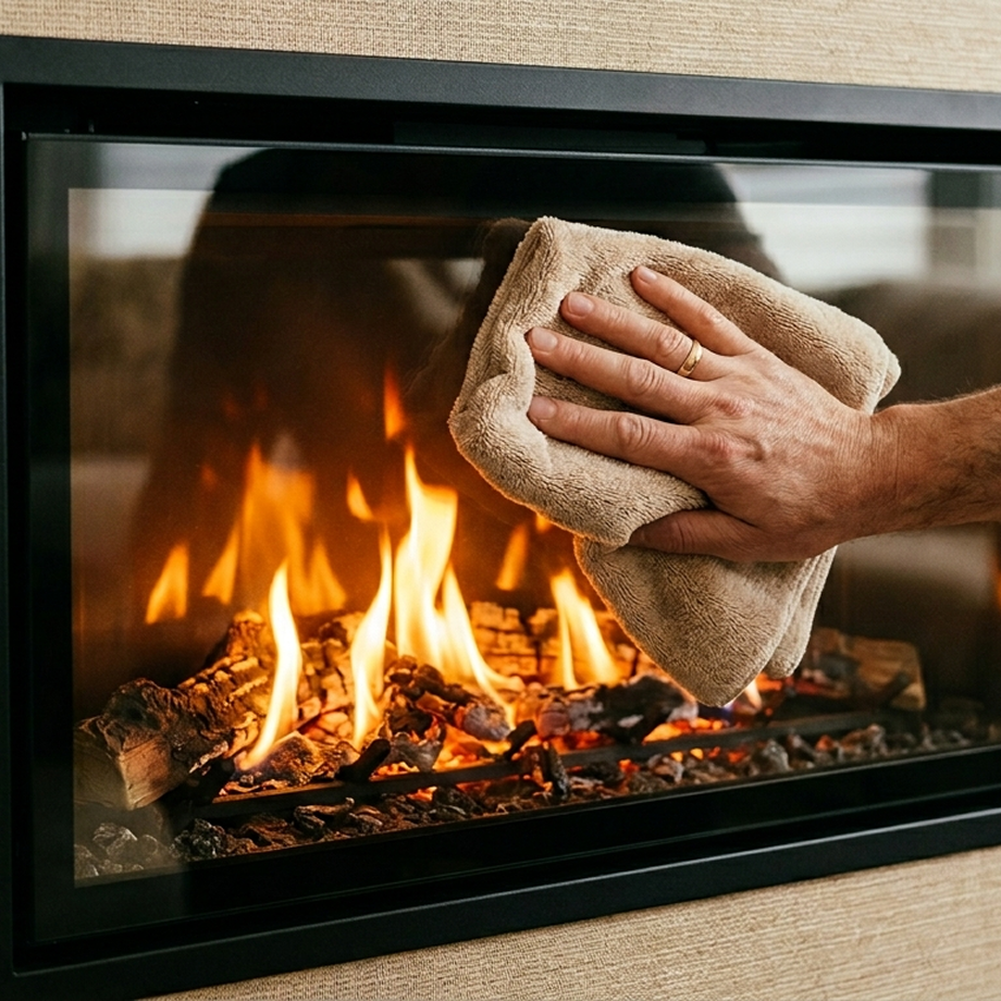 Close-up of a clean electric fireplace glass panel with a realistic flame effect