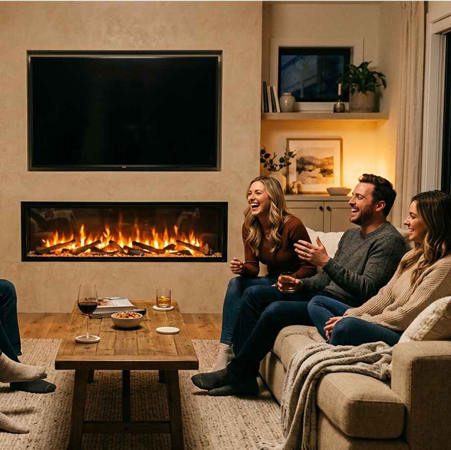 Modern media wall with a linear electric fireplace recessed below a wall-mounted television