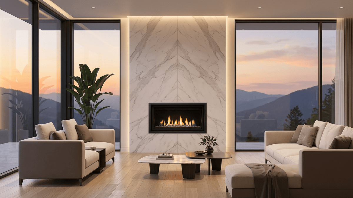 Modern linear gas fireplace set into a marble wall in a living room