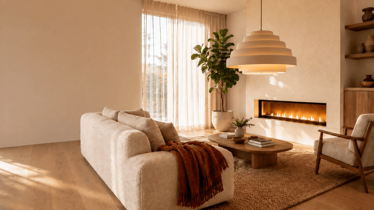 Modern living room with a linear direct vent gas fireplace as the focal point, cream sofa and warm afternoon light