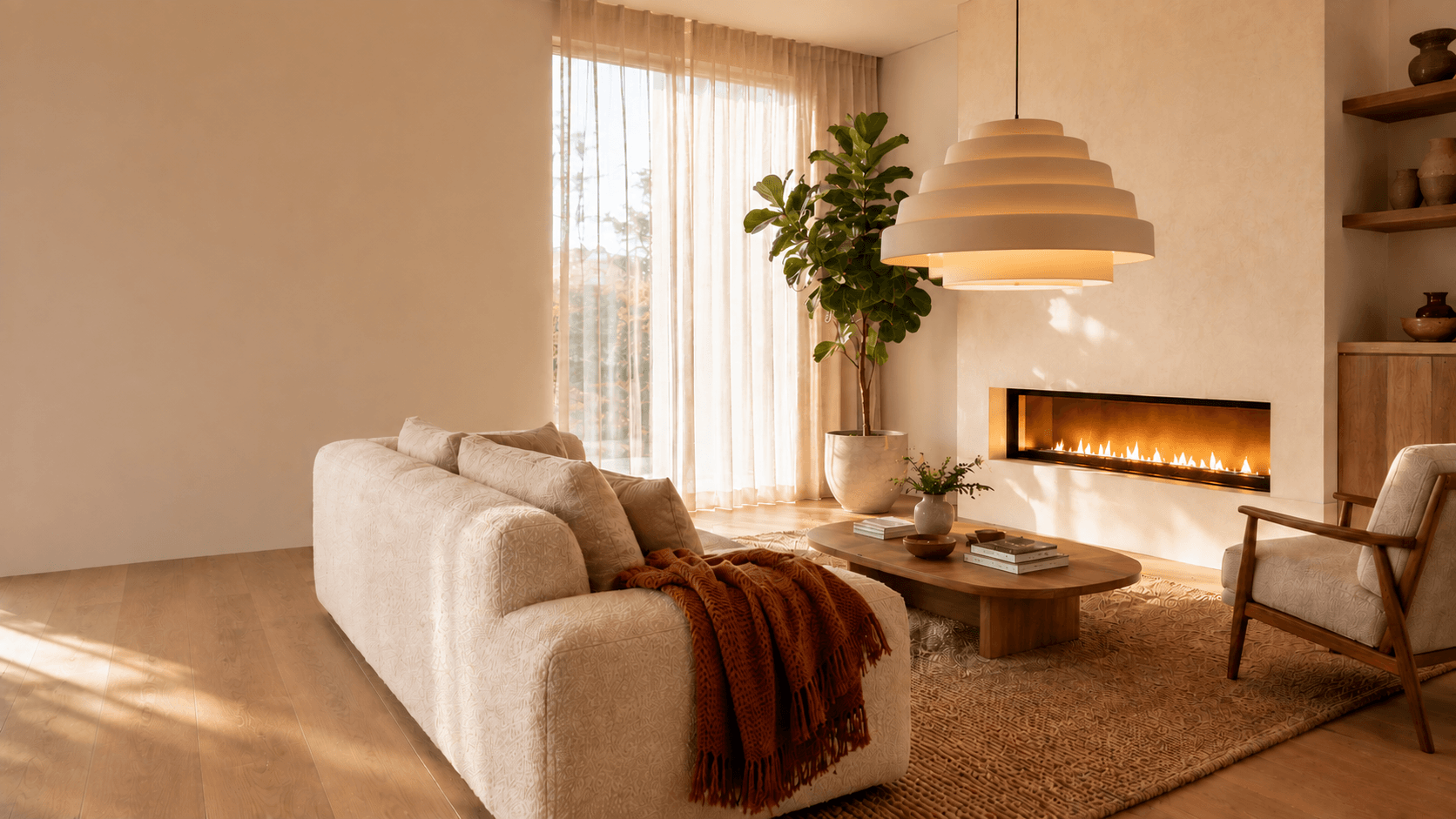 Modern living room with a linear direct vent gas fireplace as the focal point, cream sofa and warm afternoon light