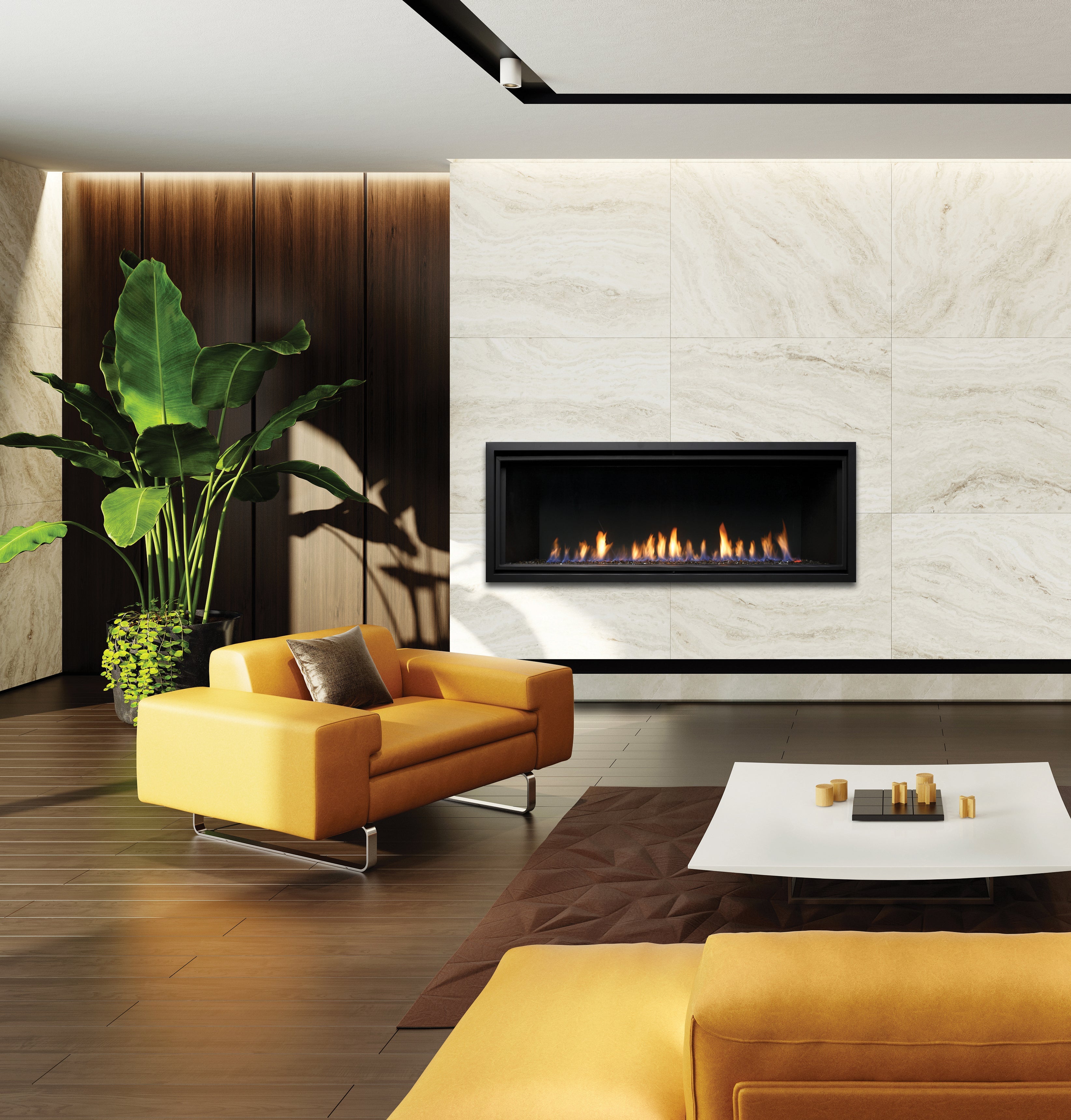 Kingsman Linear 60-inch zero clearance direct vent gas fireplace styles with ember media and surround options