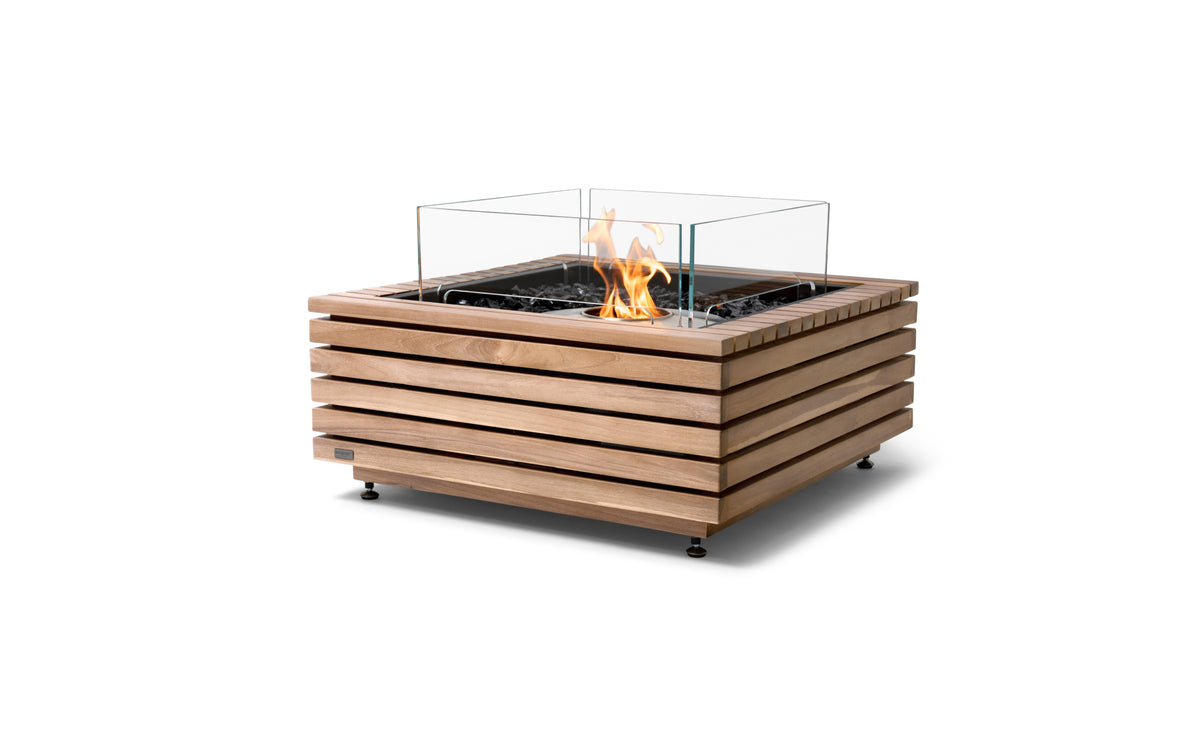 EcoSmart Fire Base 30 fire table in teak with stainless steel ethanol burner and glass fire screen