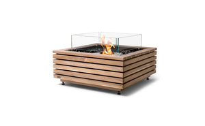 EcoSmart Fire Base 30 fire table in teak with stainless steel ethanol burner and glass fire screen