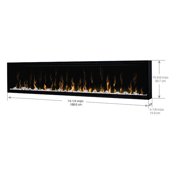 Dimplex Ignite XL 74-inch linear electric fireplace recessed in a wall
