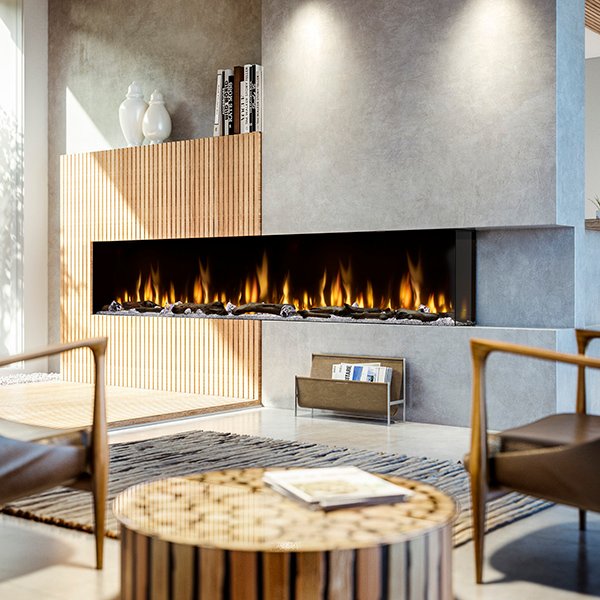 Dimplex Ignite XL Bold 100-inch fireplace shown as a full feature wall installation