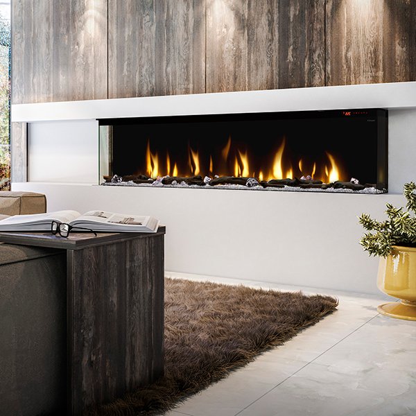 Dimplex Ignite XL Bold 74-inch fireplace showing the multi-sided viewing area