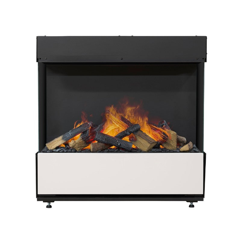 Dimplex Optimyst Aura 28-inch firebox showing the three-sided glass and log bed