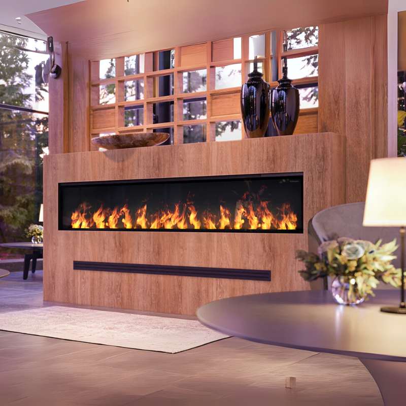 Dimplex Optimyst Linear 86-inch fireplace shown built into a wood-panelled feature wall