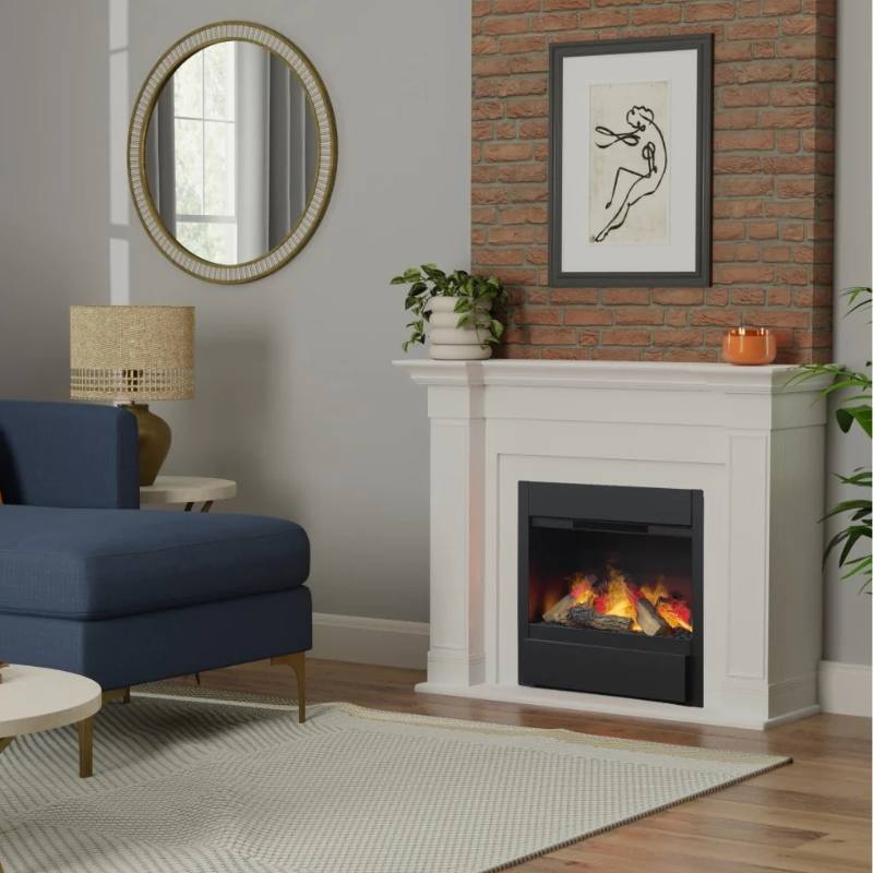 Dimplex Optimyst Revive 25-inch water vapour fireplace installed in a white mantel surround in a living room
