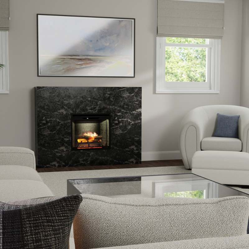 Dimplex Revillusion 24 inch built-in electric fireplace with neutral brick panel framed into a living room wall