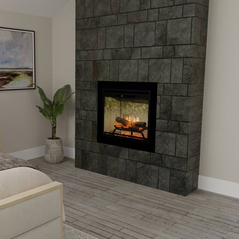 Dimplex Revillusion 24 inch electric firebox with weathered concrete interior in a custom living room wall